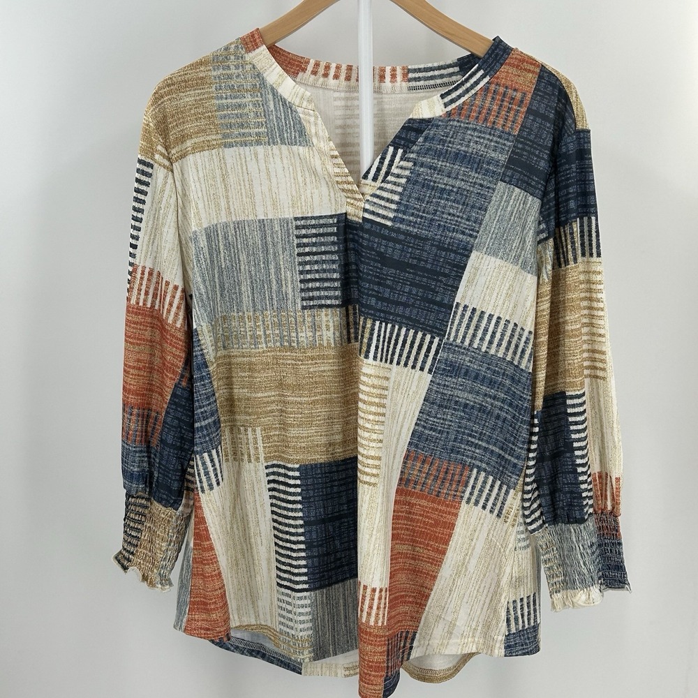 LOMEN Boutique Patchwork Boho Blouse Women's XL Smocked Sleeve Stretch‎ Top